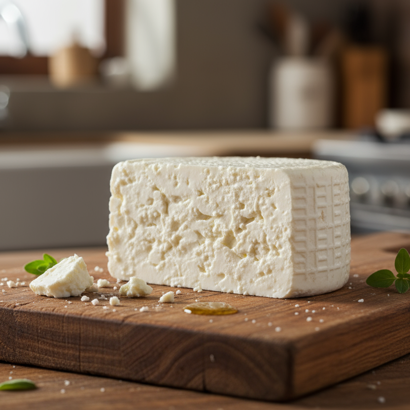 quarter wheel of feta on a cutting board